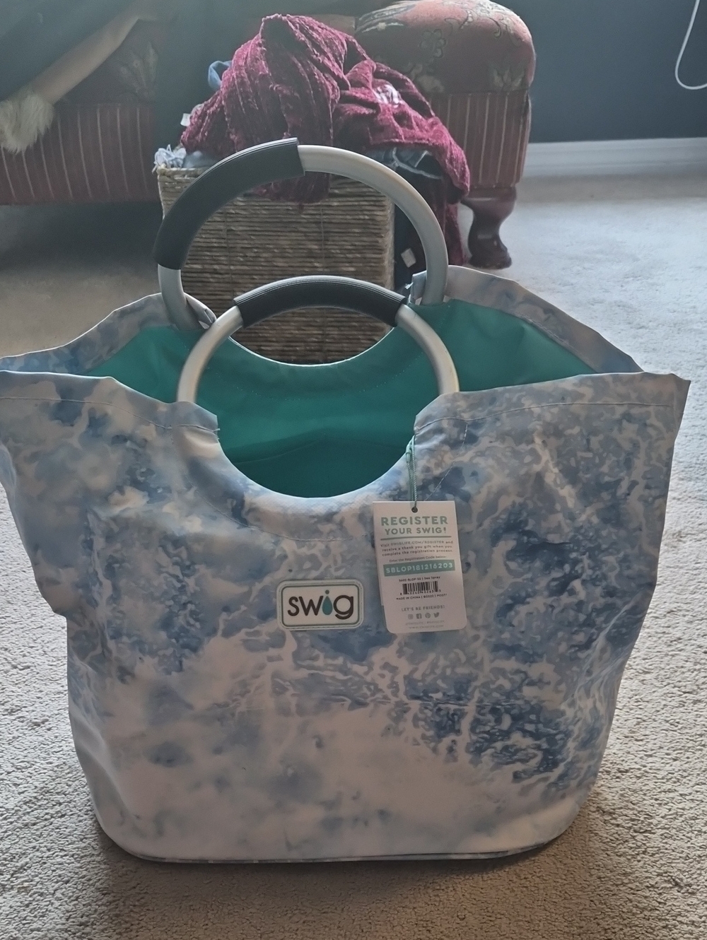 Swig Life Tote Bag in Blue Marble with Teal Interior
